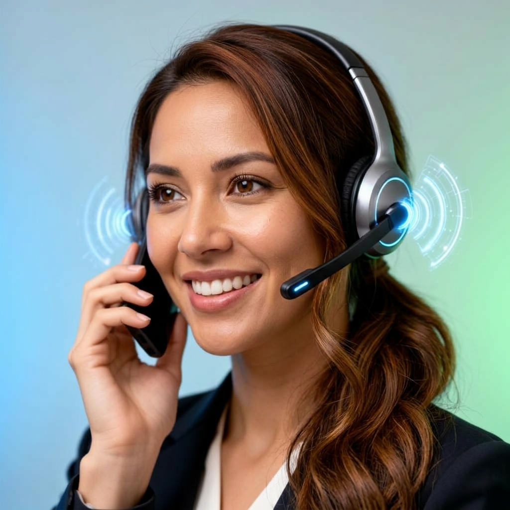 AI-powered virtual receptionist with headset answering a customer call