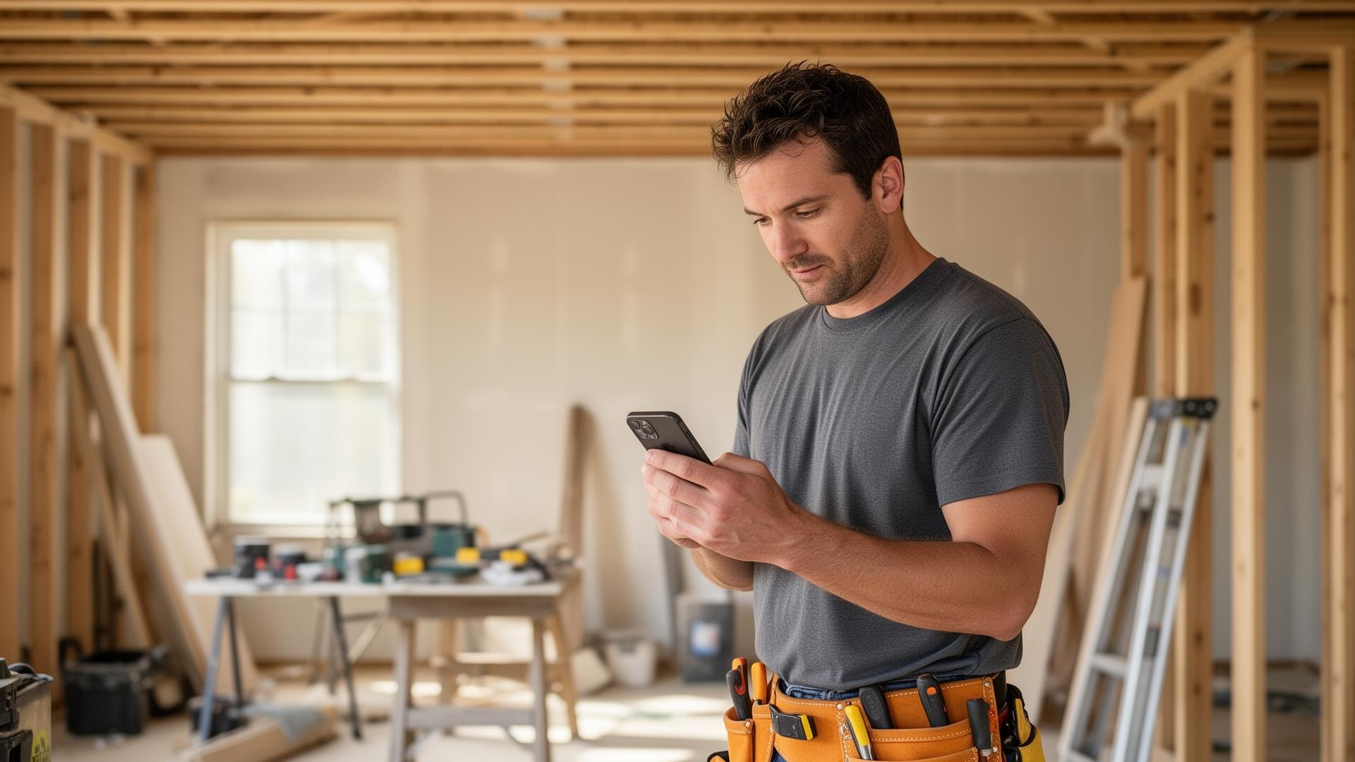 Contractor on a job site checking messages on a phone